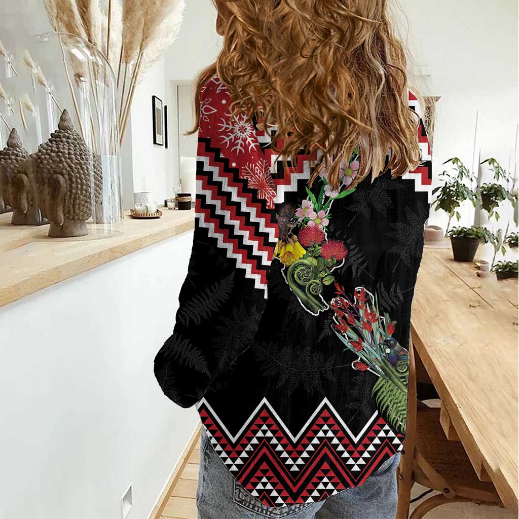 New Zealand Christmas Taniko Poutama Women Casual Shirt Flora Map with Birds - Aussie Hoodie