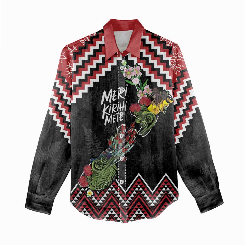 New Zealand Christmas Taniko Poutama Women Casual Shirt Flora Map with Birds - Aussie Hoodie