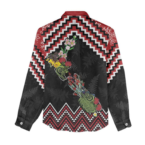 New Zealand Christmas Taniko Poutama Women Casual Shirt Flora Map with Birds - Aussie Hoodie