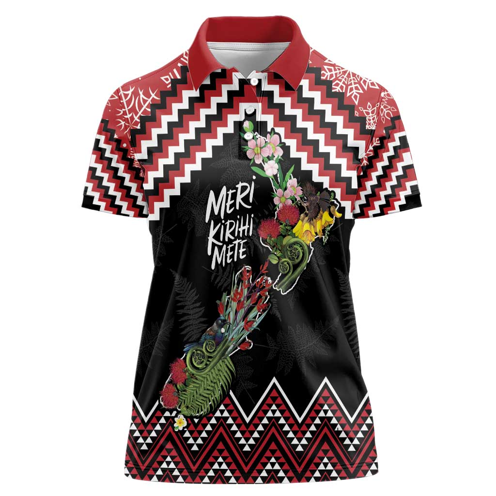 New Zealand Christmas Taniko Poutama Women Polo Shirt Flora Map with Birds - Aussie Hoodie
