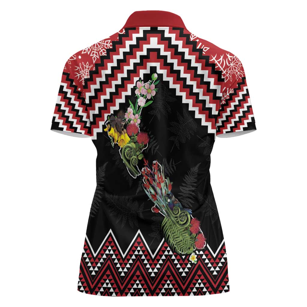 New Zealand Christmas Taniko Poutama Women Polo Shirt Flora Map with Birds - Aussie Hoodie