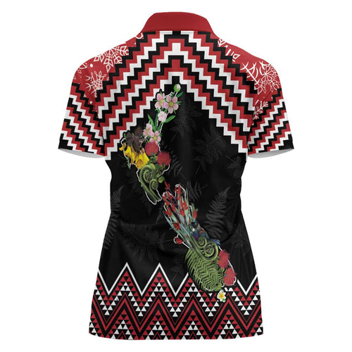 New Zealand Christmas Taniko Poutama Women Polo Shirt Flora Map with Birds - Aussie Hoodie