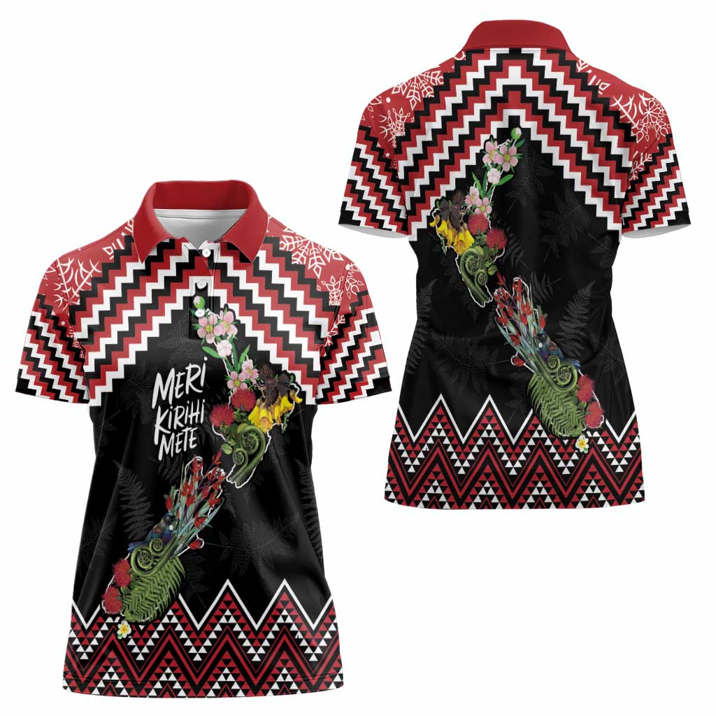 New Zealand Christmas Taniko Poutama Women Polo Shirt Flora Map with Birds - Aussie Hoodie
