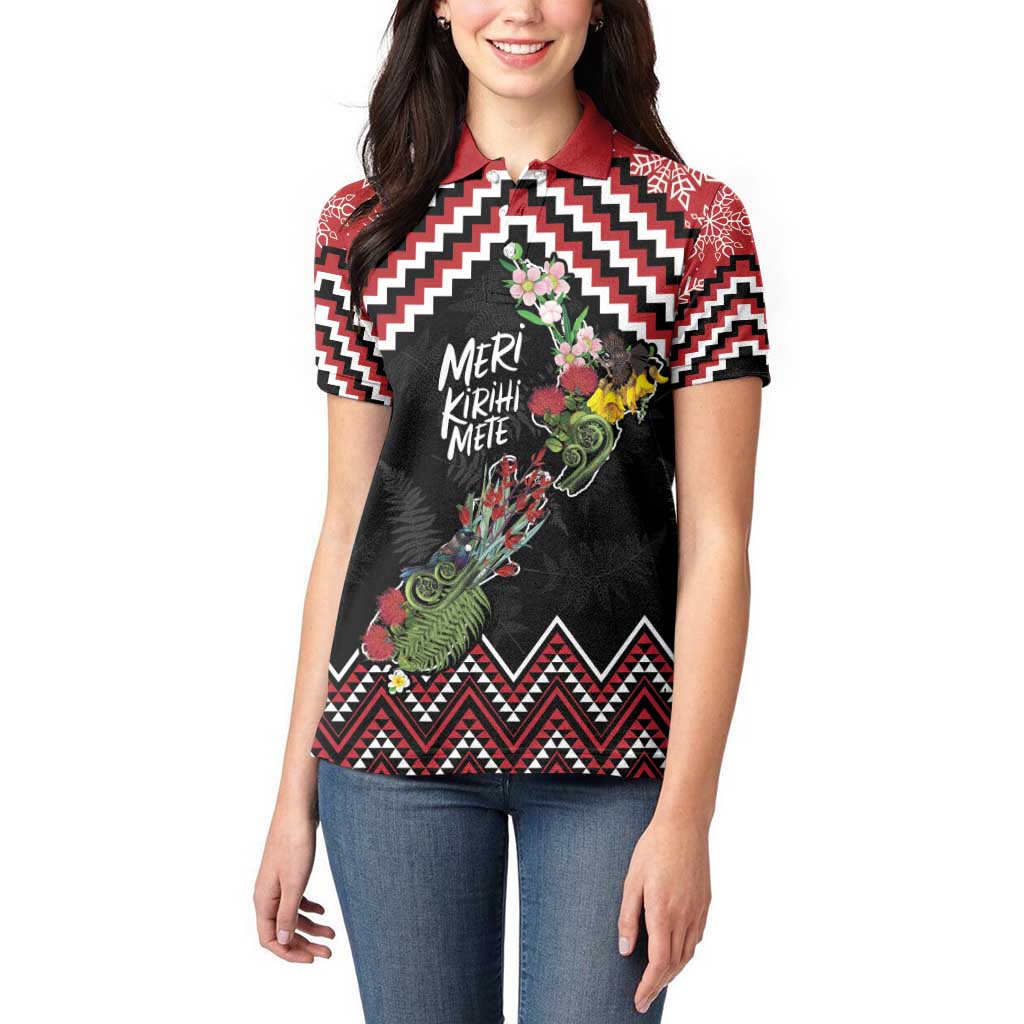 New Zealand Christmas Taniko Poutama Women Polo Shirt Flora Map with Birds - Aussie Hoodie