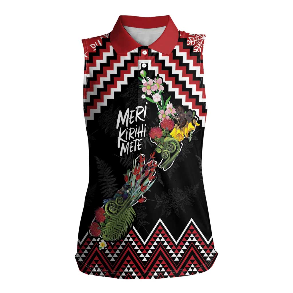 New Zealand Christmas Taniko Poutama Women Sleeveless Polo Shirt Flora Map with Birds - Aussie Hoodie