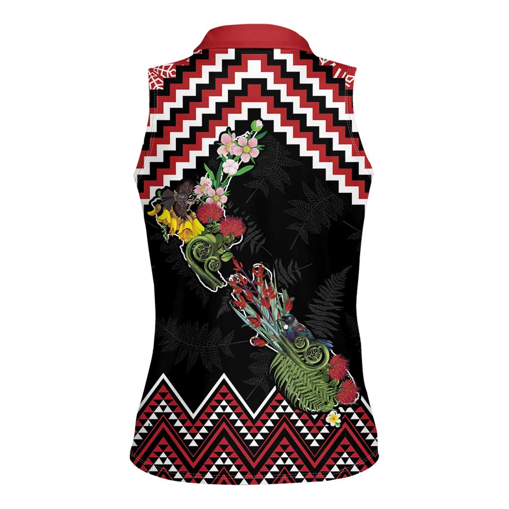 New Zealand Christmas Taniko Poutama Women Sleeveless Polo Shirt Flora Map with Birds - Aussie Hoodie