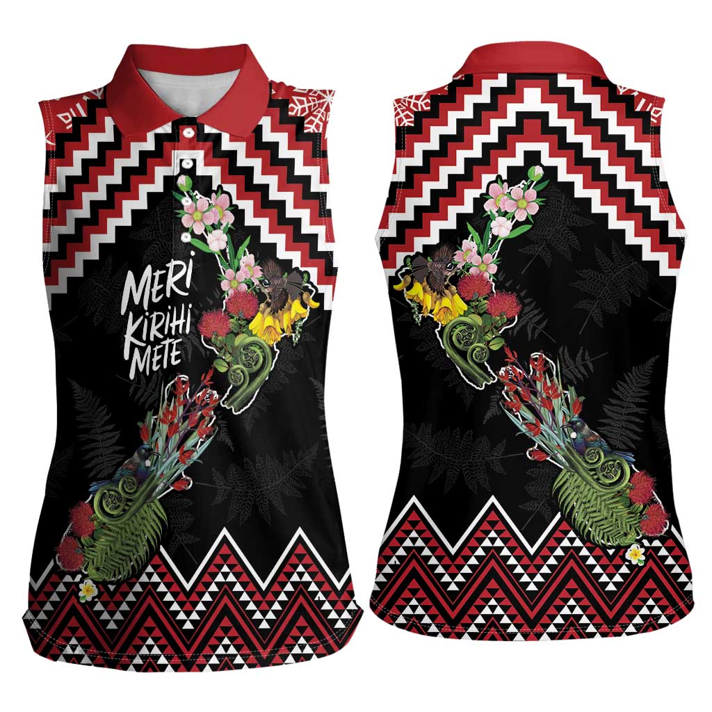 New Zealand Christmas Taniko Poutama Women Sleeveless Polo Shirt Flora Map with Birds - Aussie Hoodie