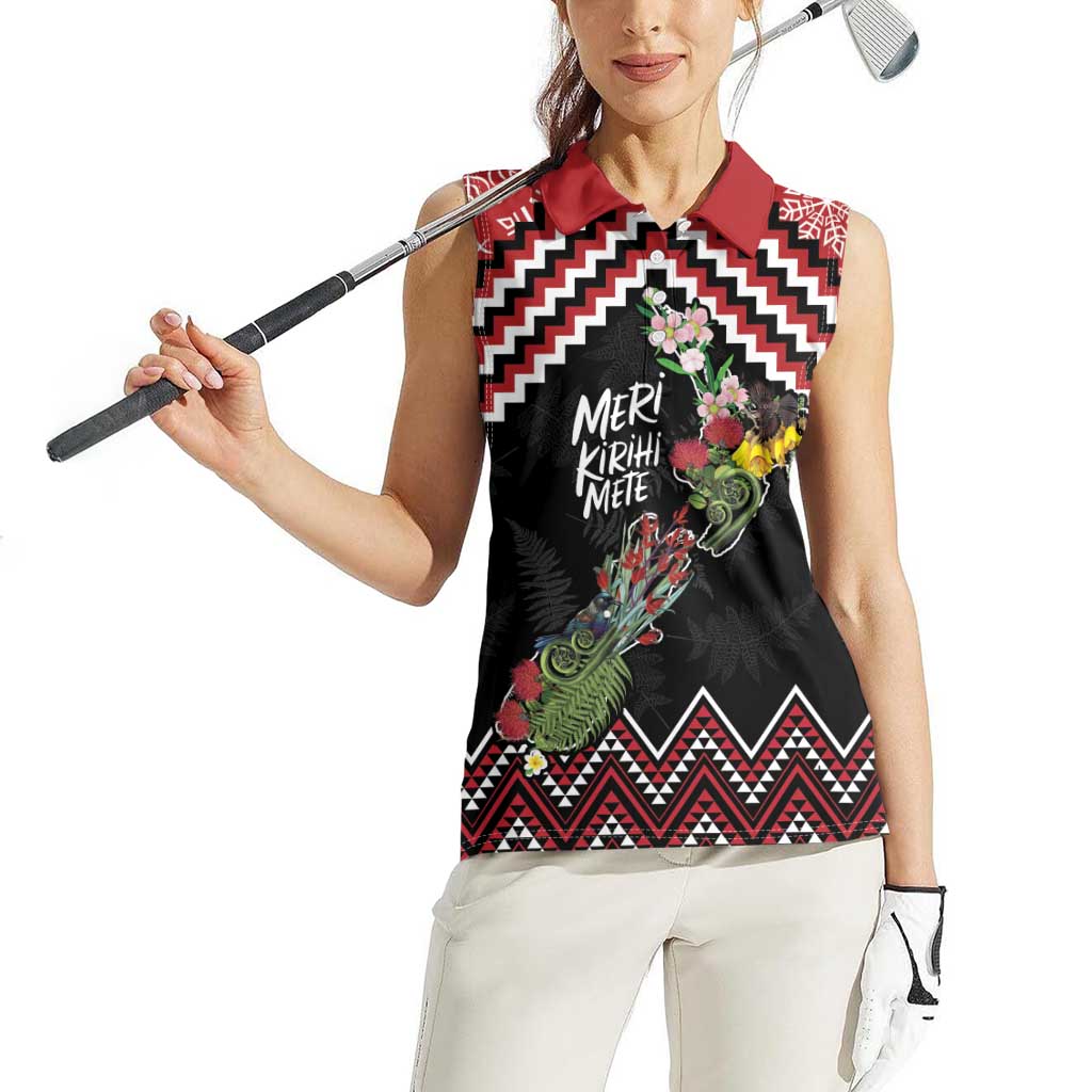 New Zealand Christmas Taniko Poutama Women Sleeveless Polo Shirt Flora Map with Birds - Aussie Hoodie