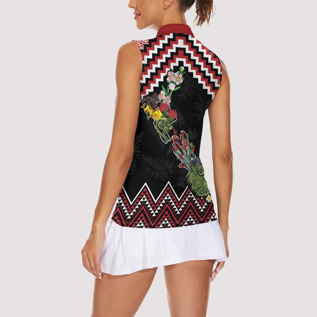 New Zealand Christmas Taniko Poutama Women Sleeveless Polo Shirt Flora Map with Birds - Aussie Hoodie