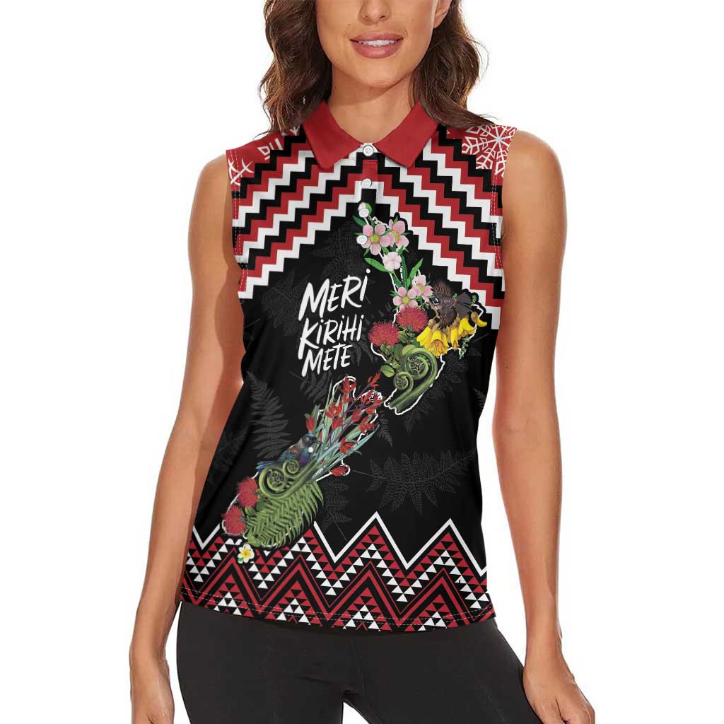 New Zealand Christmas Taniko Poutama Women Sleeveless Polo Shirt Flora Map with Birds - Aussie Hoodie