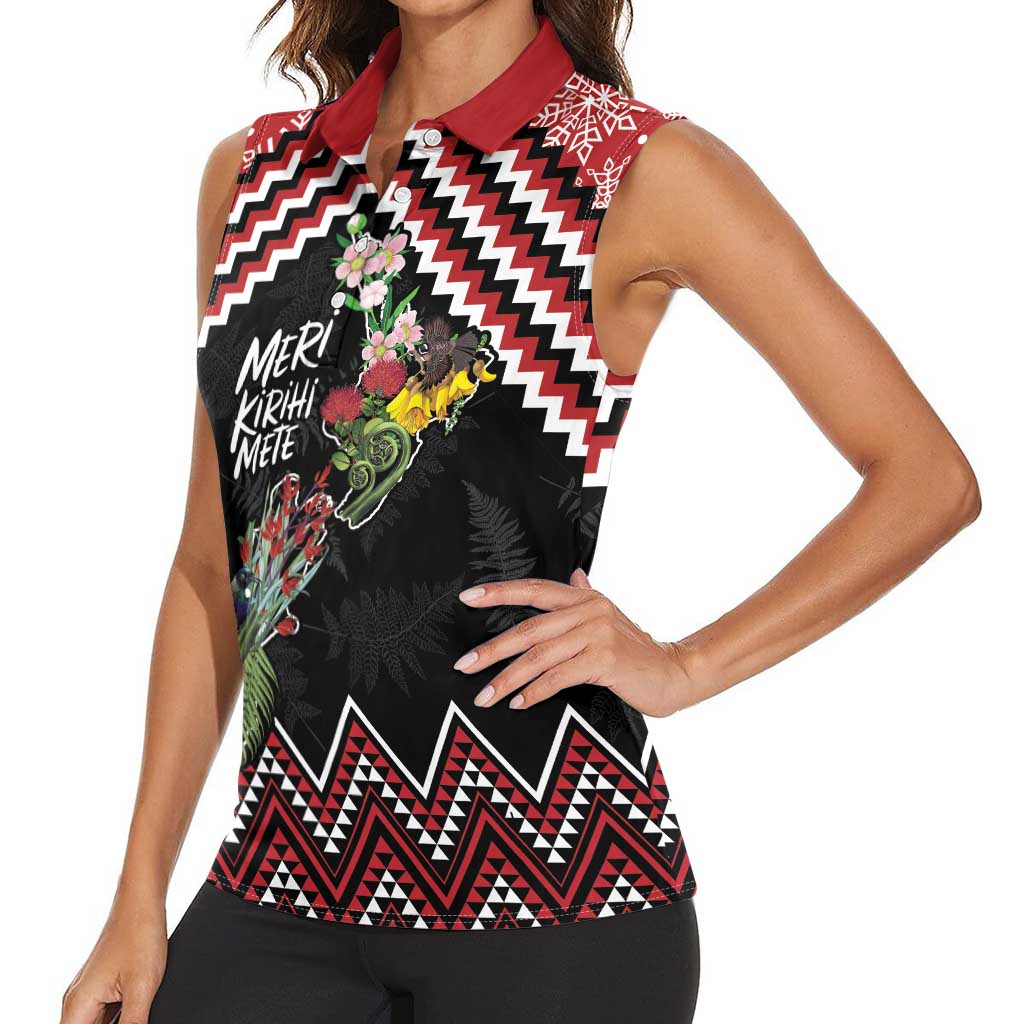 New Zealand Christmas Taniko Poutama Women Sleeveless Polo Shirt Flora Map with Birds - Aussie Hoodie