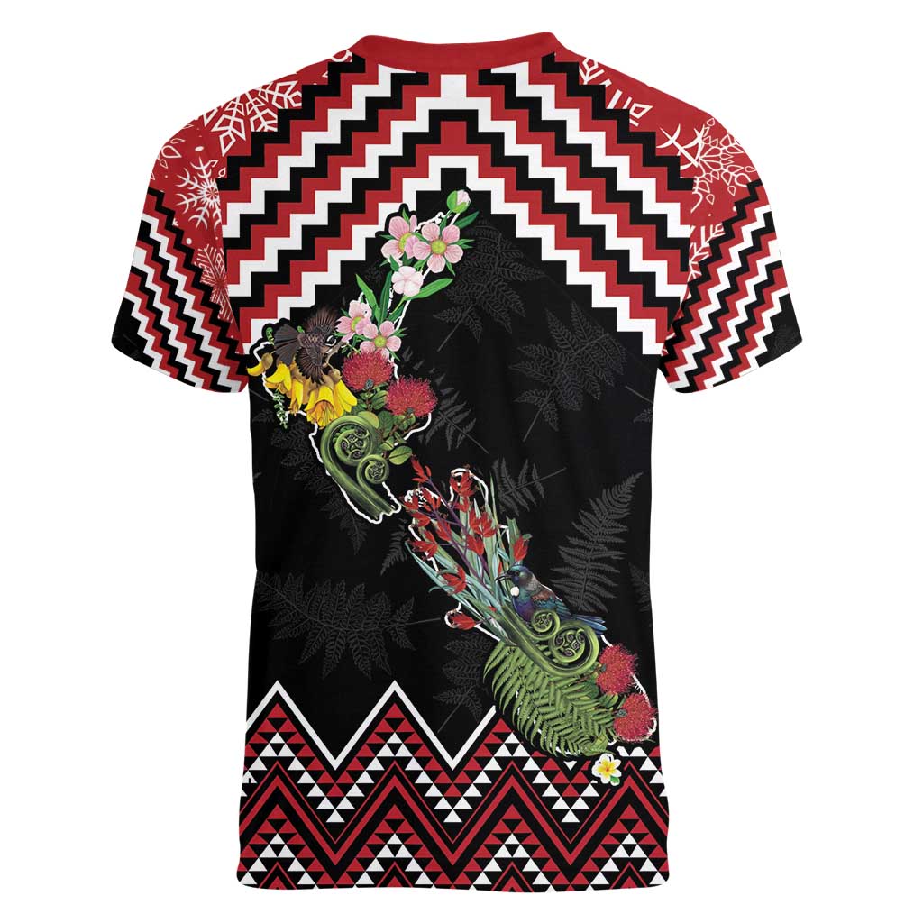 New Zealand Christmas Taniko Poutama Women V-Neck T-Shirt Flora Map with Birds - Aussie Hoodie