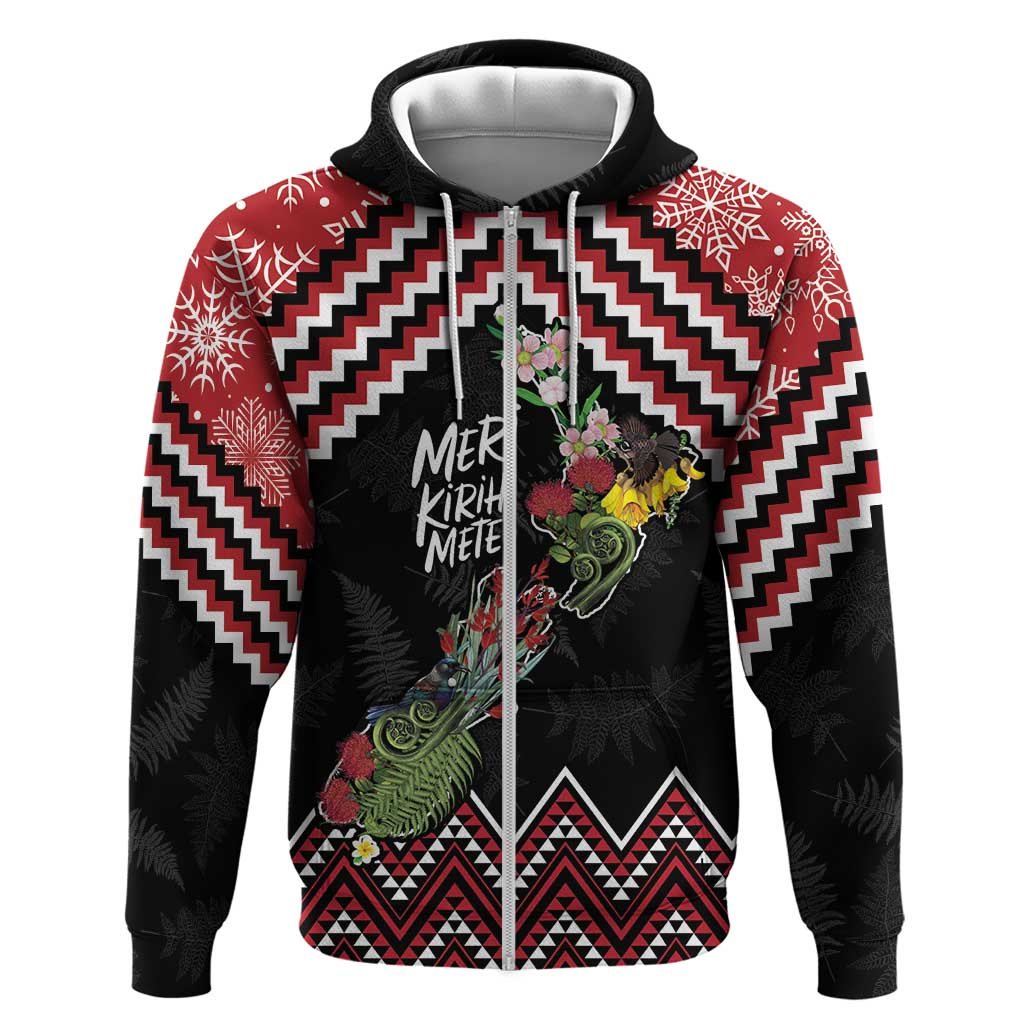 New Zealand Christmas Taniko Poutama Zip Hoodie Flora Map with Birds - Aussie Hoodie