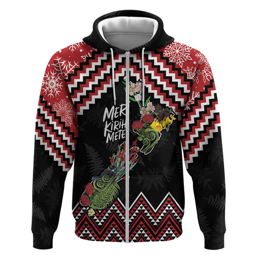 New Zealand Christmas Taniko Poutama Zip Hoodie Flora Map with Birds - Aussie Hoodie