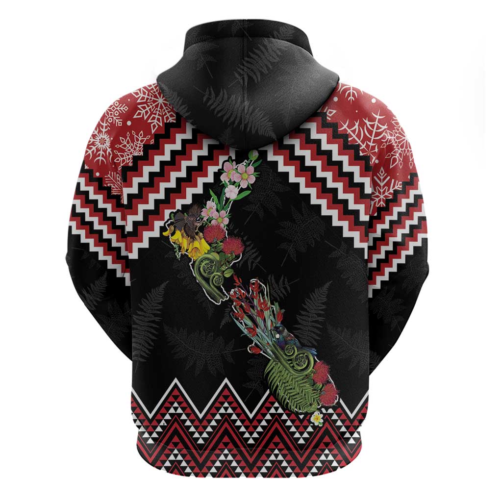 New Zealand Christmas Taniko Poutama Zip Hoodie Flora Map with Birds - Aussie Hoodie