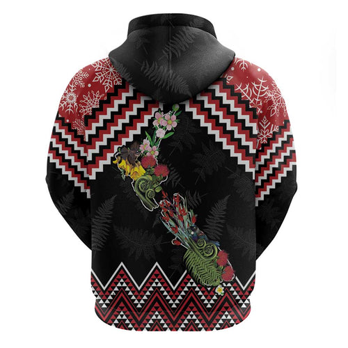 New Zealand Christmas Taniko Poutama Zip Hoodie Flora Map with Birds - Aussie Hoodie