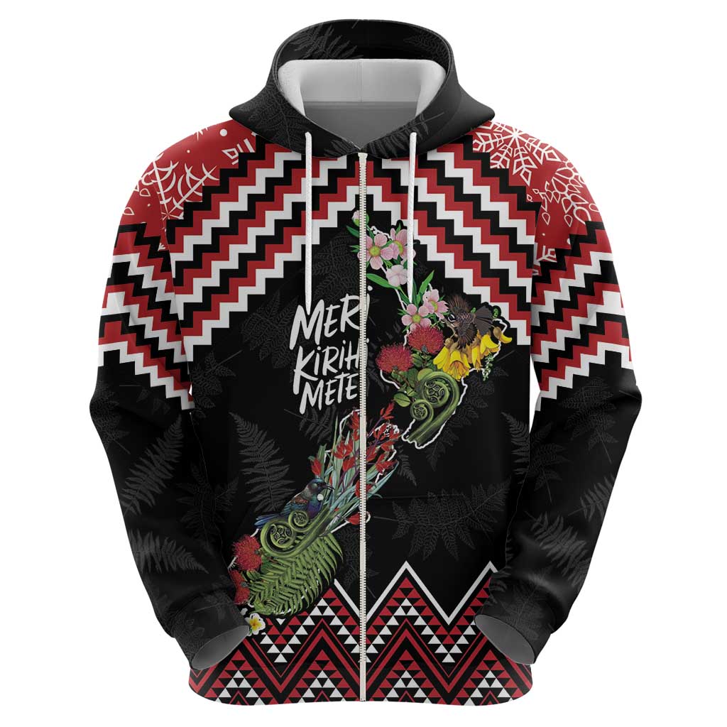 New Zealand Christmas Taniko Poutama Zip Hoodie Flora Map with Birds - Aussie Hoodie