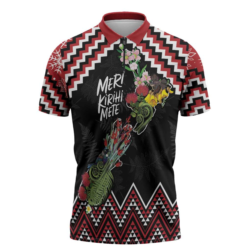 New Zealand Christmas Taniko Poutama Zipper Polo Shirt Flora Map with Birds - Aussie Hoodie