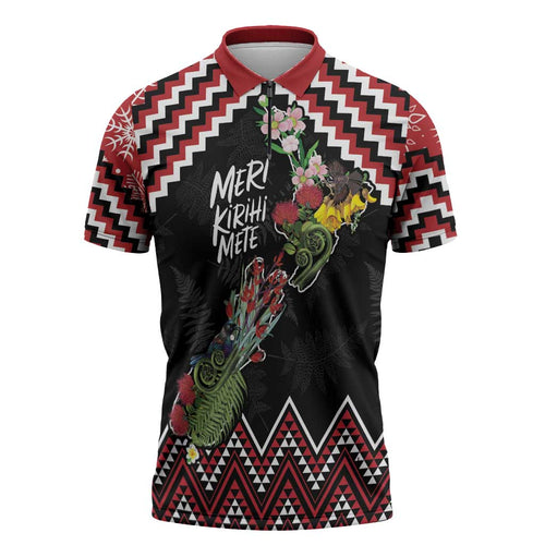 New Zealand Christmas Taniko Poutama Zipper Polo Shirt Flora Map with Birds - Aussie Hoodie