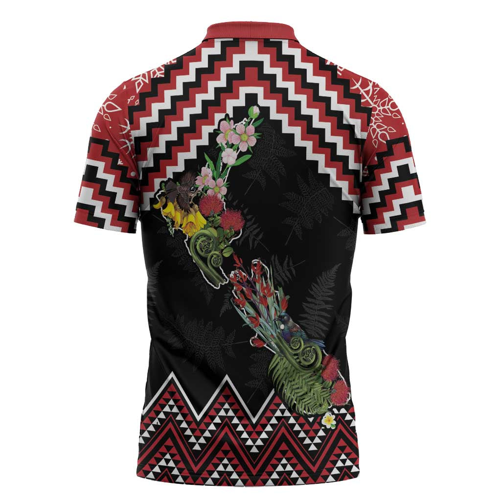 New Zealand Christmas Taniko Poutama Zipper Polo Shirt Flora Map with Birds - Aussie Hoodie