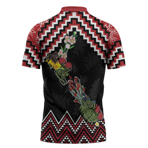 New Zealand Christmas Taniko Poutama Zipper Polo Shirt Flora Map with Birds - Aussie Hoodie
