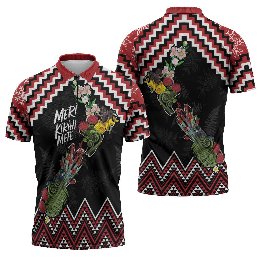 New Zealand Christmas Taniko Poutama Zipper Polo Shirt Flora Map with Birds - Aussie Hoodie