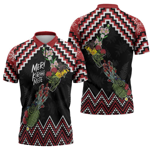 New Zealand Christmas Taniko Poutama Zipper Polo Shirt Flora Map with Birds - Aussie Hoodie