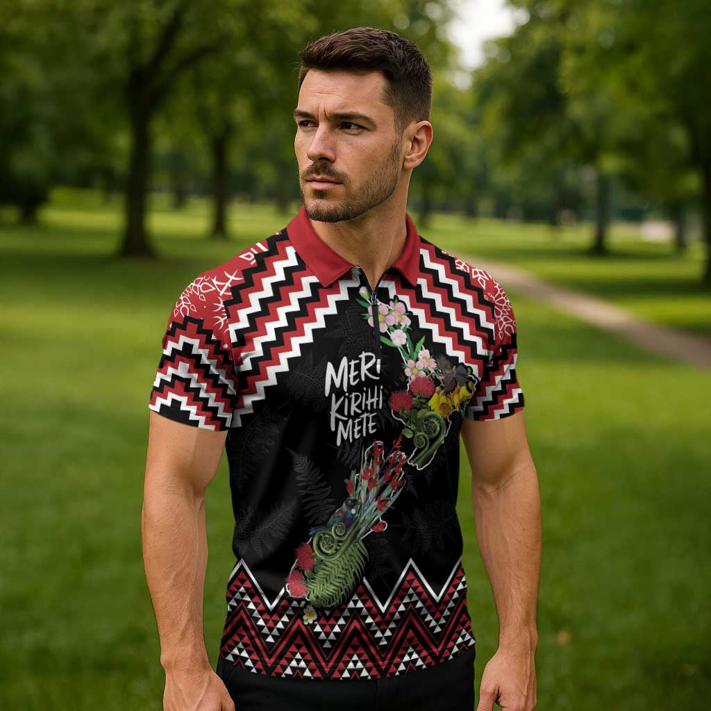 New Zealand Christmas Taniko Poutama Zipper Polo Shirt Flora Map with Birds - Aussie Hoodie