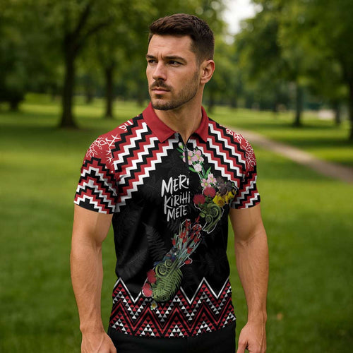 New Zealand Christmas Taniko Poutama Zipper Polo Shirt Flora Map with Birds - Aussie Hoodie