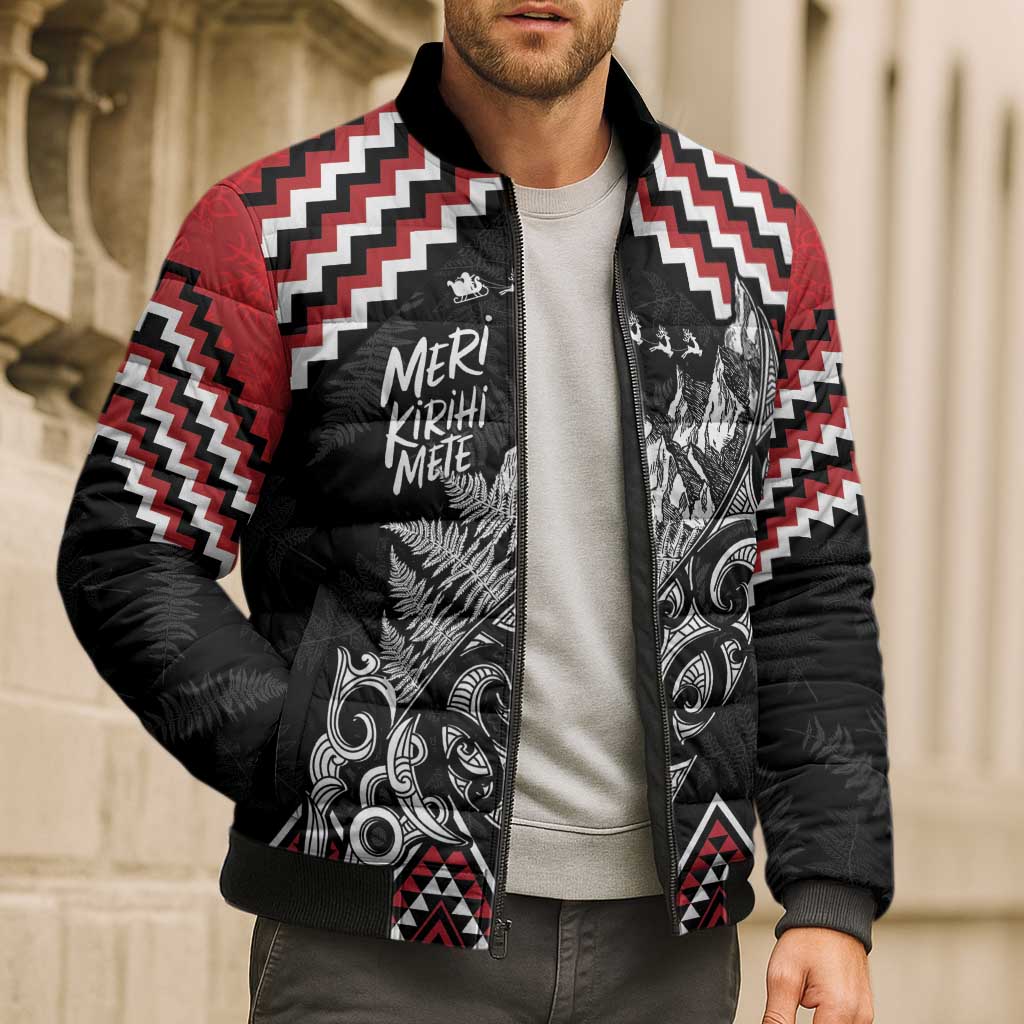 New Zealand Christmas Taniko Poutama Bomber Puffer Jacket Mountainscape Maori Fern - Aussie Hoodie