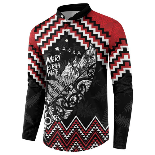 New Zealand Christmas Taniko Poutama Button Sweatshirt Mountainscape Maori Fern - Aussie Hoodie