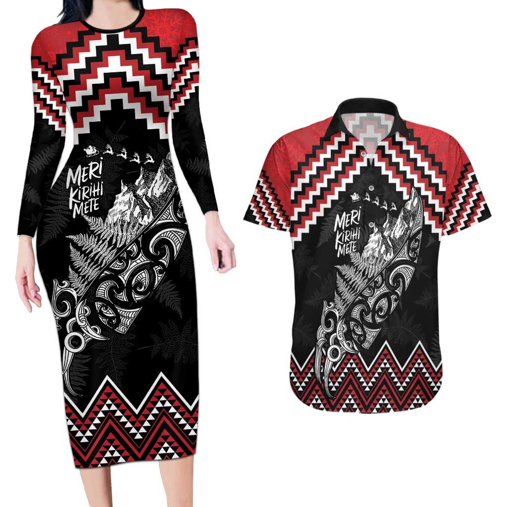 New Zealand Christmas Taniko Poutama Couples Matching Long Sleeve Bodycon Dress and Hawaiian Shirt Mountainscape Maori Fern - Aussie Hoodie