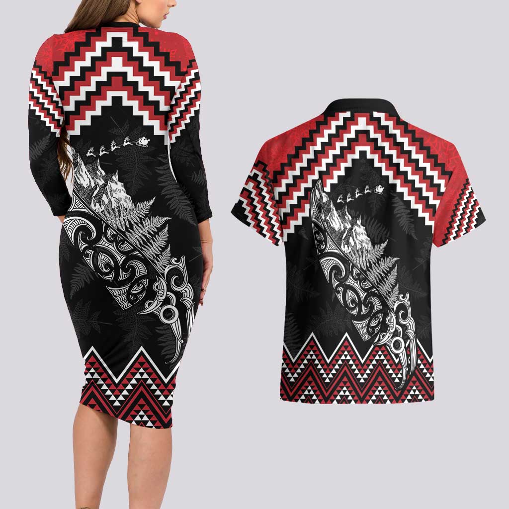 New Zealand Christmas Taniko Poutama Couples Matching Long Sleeve Bodycon Dress and Hawaiian Shirt Mountainscape Maori Fern - Aussie Hoodie