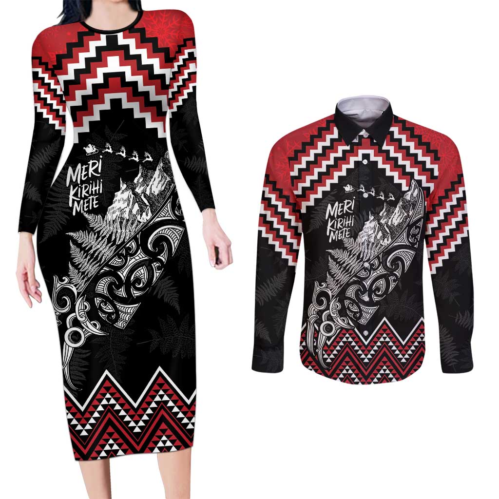 New Zealand Christmas Taniko Poutama Couples Matching Long Sleeve Bodycon Dress and Long Sleeve Button Shirt Mountainscape Maori Fern - Aussie Hoodie