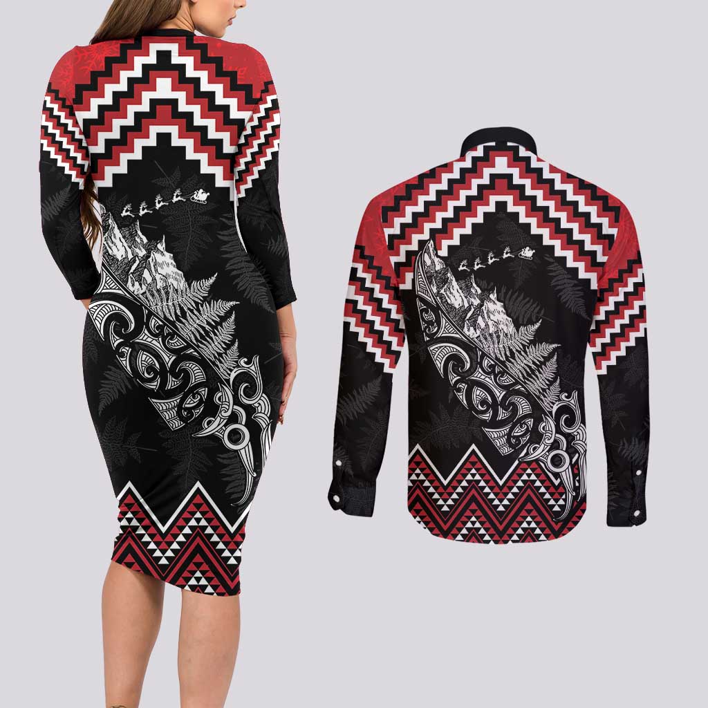 New Zealand Christmas Taniko Poutama Couples Matching Long Sleeve Bodycon Dress and Long Sleeve Button Shirt Mountainscape Maori Fern - Aussie Hoodie