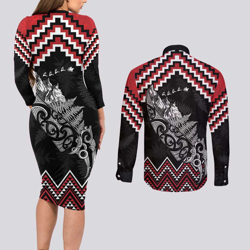 New Zealand Christmas Taniko Poutama Couples Matching Long Sleeve Bodycon Dress and Long Sleeve Button Shirt Mountainscape Maori Fern - Aussie Hoodie