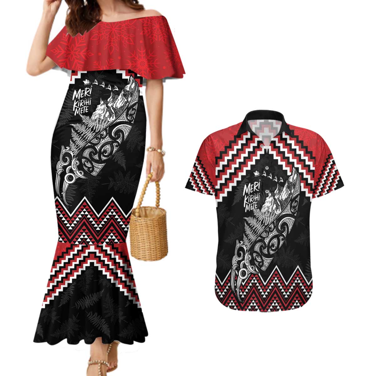 New Zealand Christmas Taniko Poutama Couples Matching Mermaid Dress and Hawaiian Shirt Mountainscape Maori Fern - Aussie Hoodie