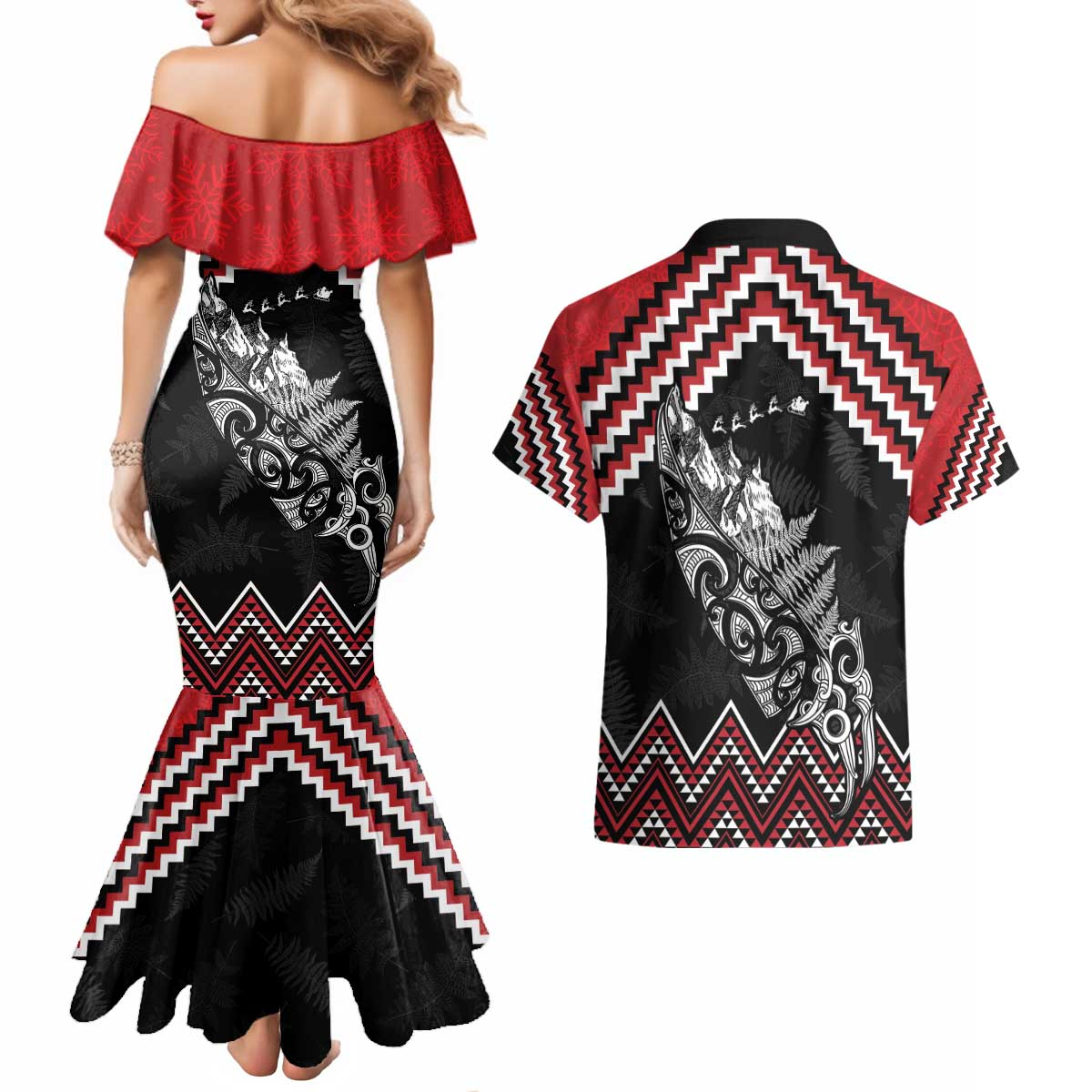 New Zealand Christmas Taniko Poutama Couples Matching Mermaid Dress and Hawaiian Shirt Mountainscape Maori Fern - Aussie Hoodie