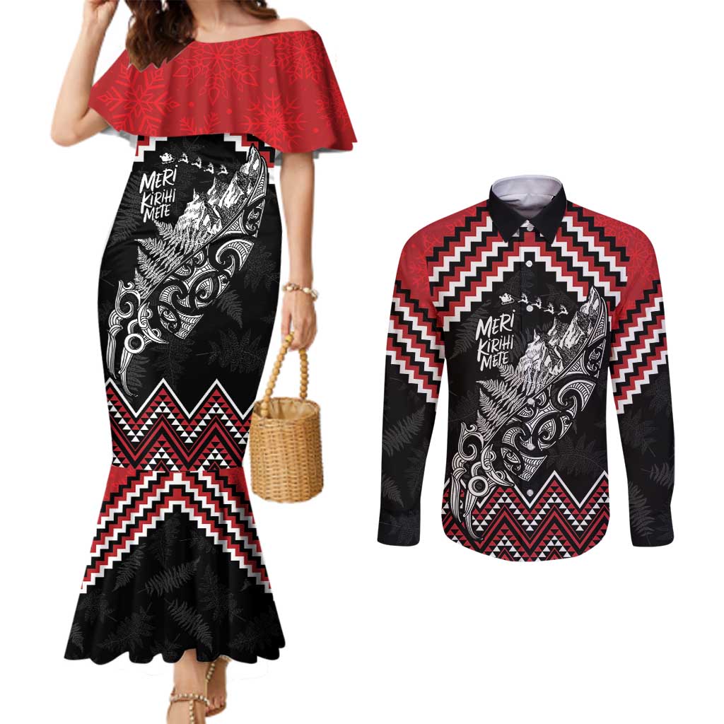 New Zealand Christmas Taniko Poutama Couples Matching Mermaid Dress and Long Sleeve Button Shirt Mountainscape Maori Fern - Aussie Hoodie