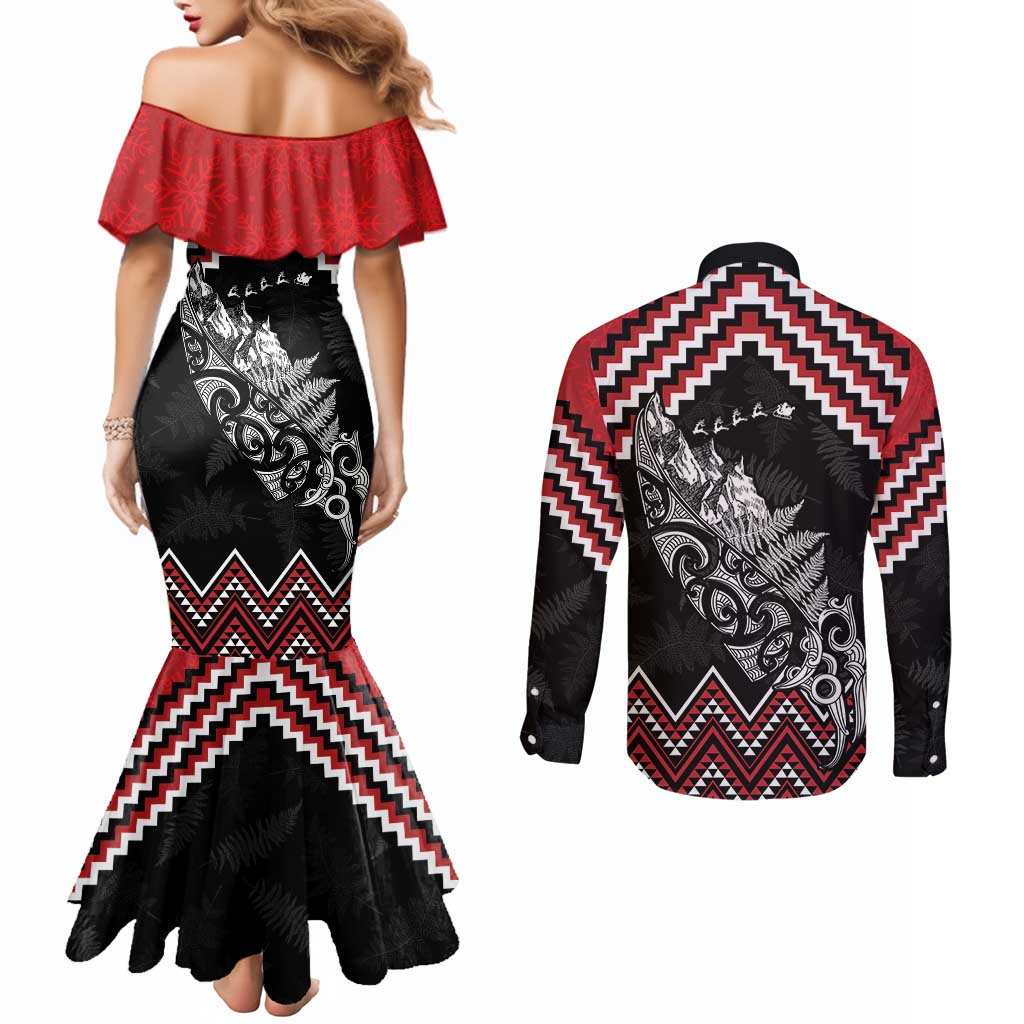 New Zealand Christmas Taniko Poutama Couples Matching Mermaid Dress and Long Sleeve Button Shirt Mountainscape Maori Fern - Aussie Hoodie