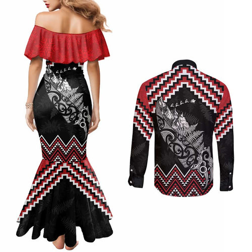 New Zealand Christmas Taniko Poutama Couples Matching Mermaid Dress and Long Sleeve Button Shirt Mountainscape Maori Fern - Aussie Hoodie