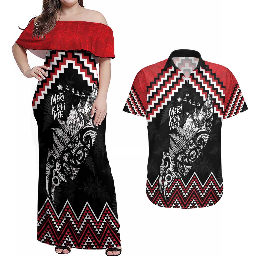 New Zealand Christmas Taniko Poutama Couples Matching Off Shoulder Maxi Dress and Hawaiian Shirt Mountainscape Maori Fern - Aussie Hoodie