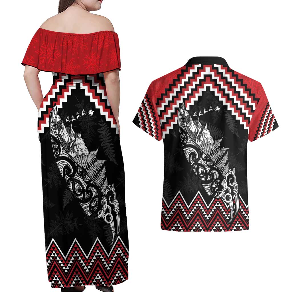 New Zealand Christmas Taniko Poutama Couples Matching Off Shoulder Maxi Dress and Hawaiian Shirt Mountainscape Maori Fern - Aussie Hoodie