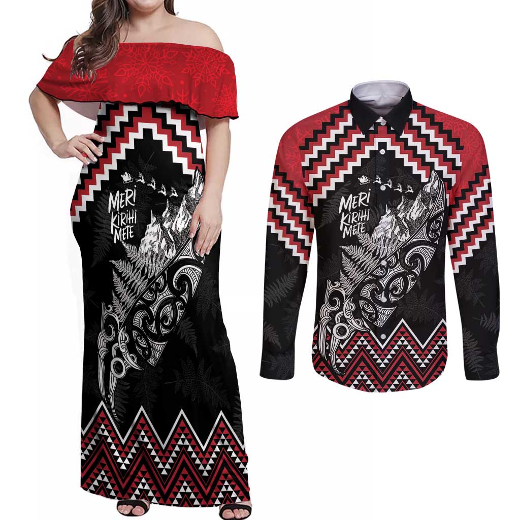 New Zealand Christmas Taniko Poutama Couples Matching Off Shoulder Maxi Dress and Long Sleeve Button Shirt Mountainscape Maori Fern - Aussie Hoodie