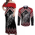 New Zealand Christmas Taniko Poutama Couples Matching Off Shoulder Maxi Dress and Long Sleeve Button Shirt Mountainscape Maori Fern - Aussie Hoodie