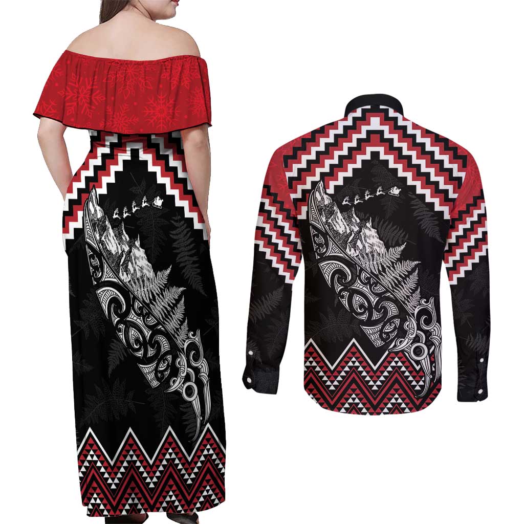 New Zealand Christmas Taniko Poutama Couples Matching Off Shoulder Maxi Dress and Long Sleeve Button Shirt Mountainscape Maori Fern - Aussie Hoodie