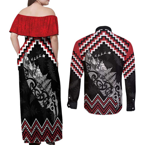 New Zealand Christmas Taniko Poutama Couples Matching Off Shoulder Maxi Dress and Long Sleeve Button Shirt Mountainscape Maori Fern - Aussie Hoodie