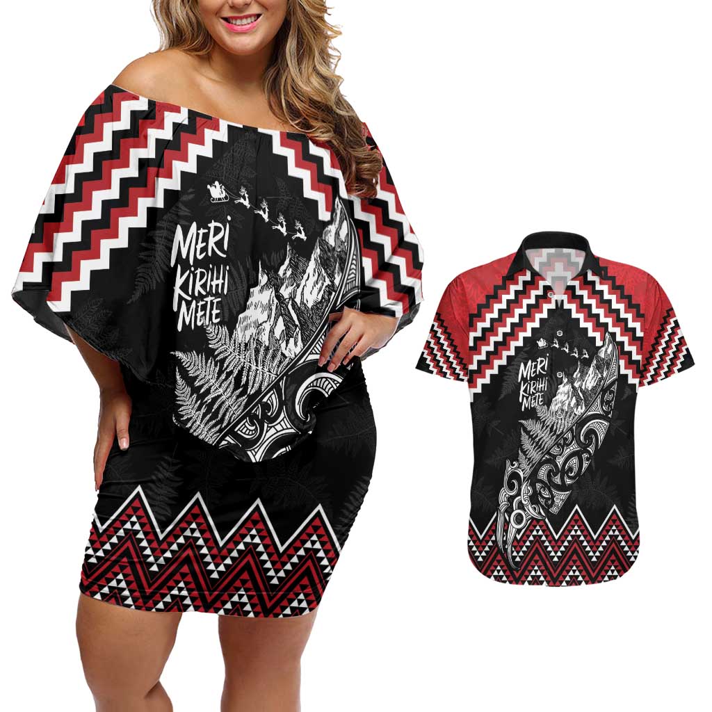New Zealand Christmas Taniko Poutama Couples Matching Off Shoulder Short Dress and Hawaiian Shirt Mountainscape Maori Fern - Aussie Hoodie
