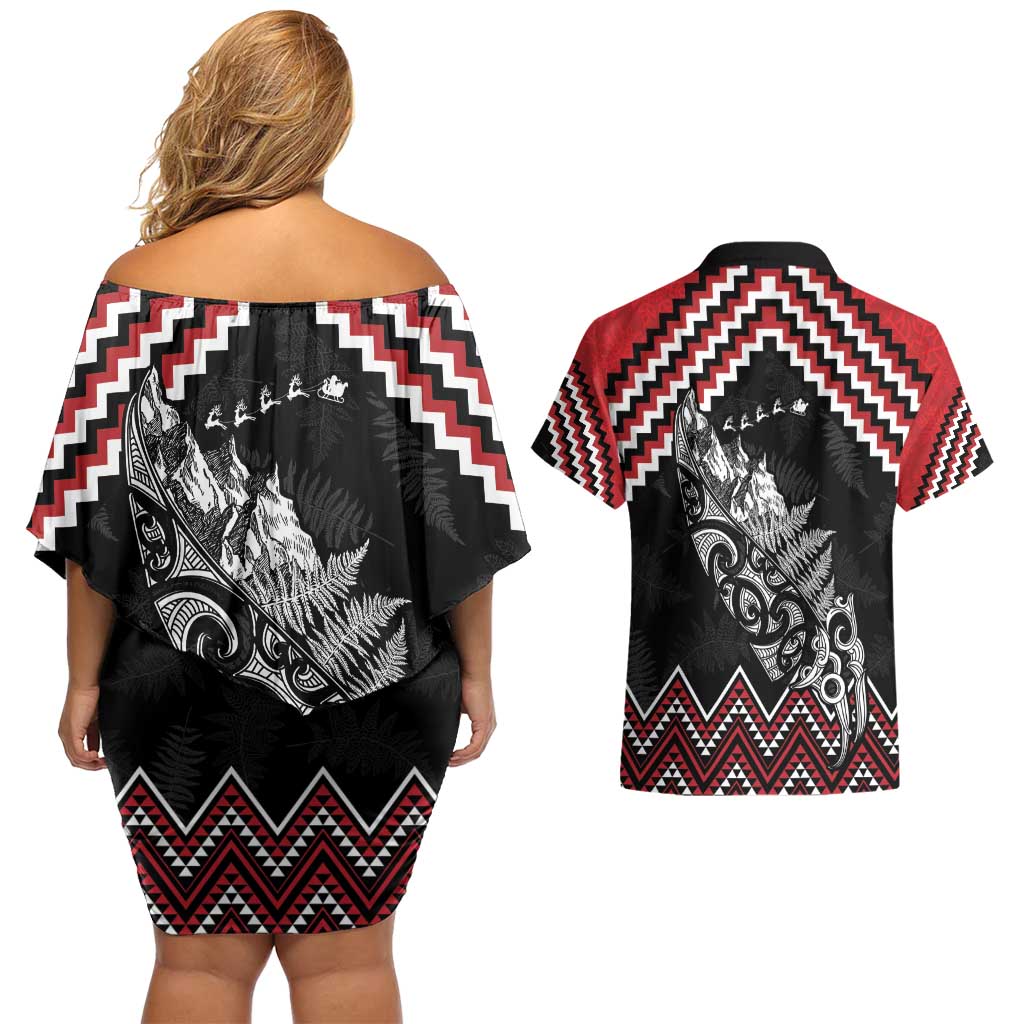 New Zealand Christmas Taniko Poutama Couples Matching Off Shoulder Short Dress and Hawaiian Shirt Mountainscape Maori Fern - Aussie Hoodie