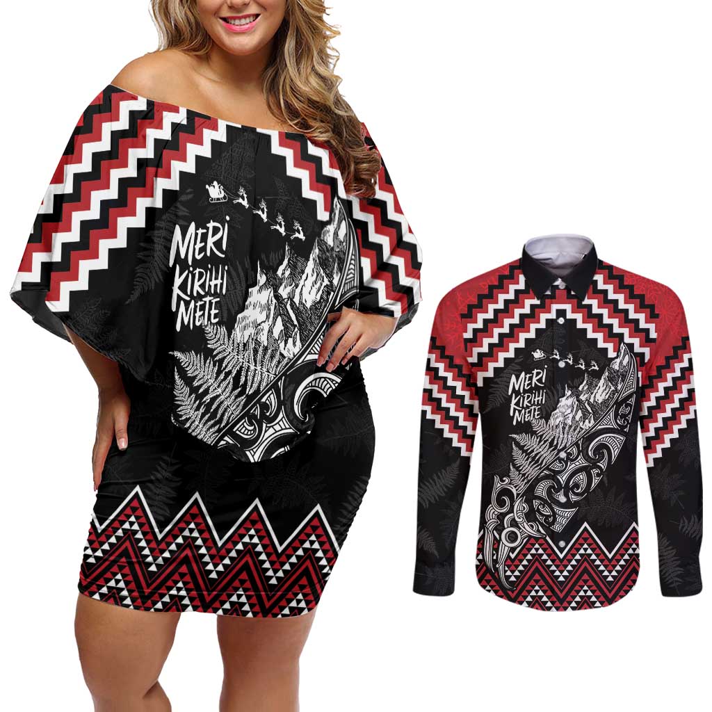New Zealand Christmas Taniko Poutama Couples Matching Off Shoulder Short Dress and Long Sleeve Button Shirt Mountainscape Maori Fern - Aussie Hoodie